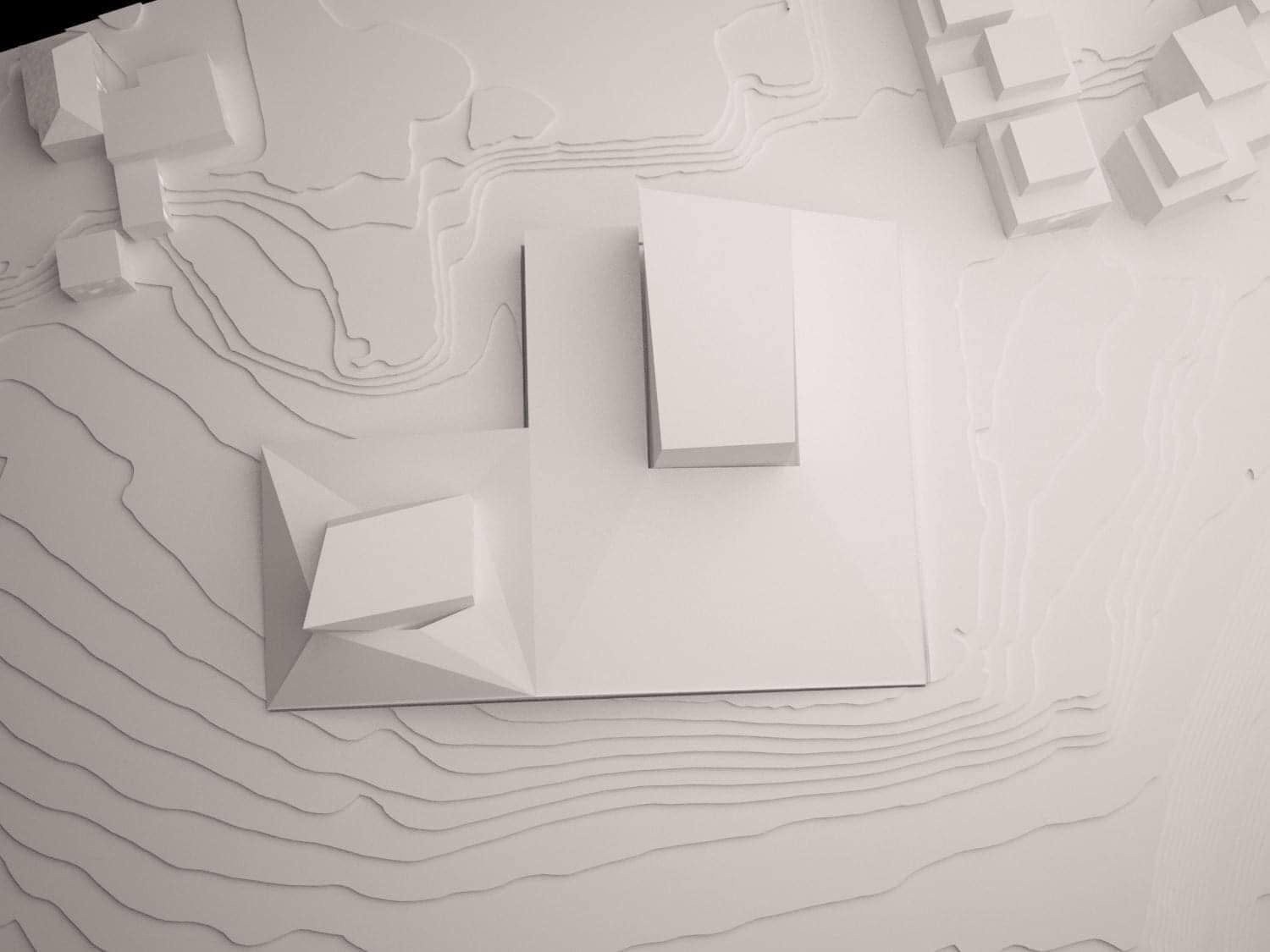 White physical site model with concert-hall volumes, contour lines and neighboring building blocks.