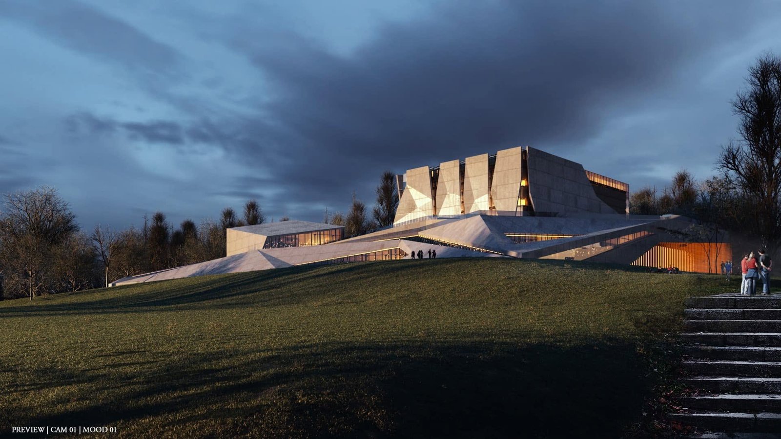 Exterior concert-hall visualization with angular upper volumes above a grassy slope and steps.