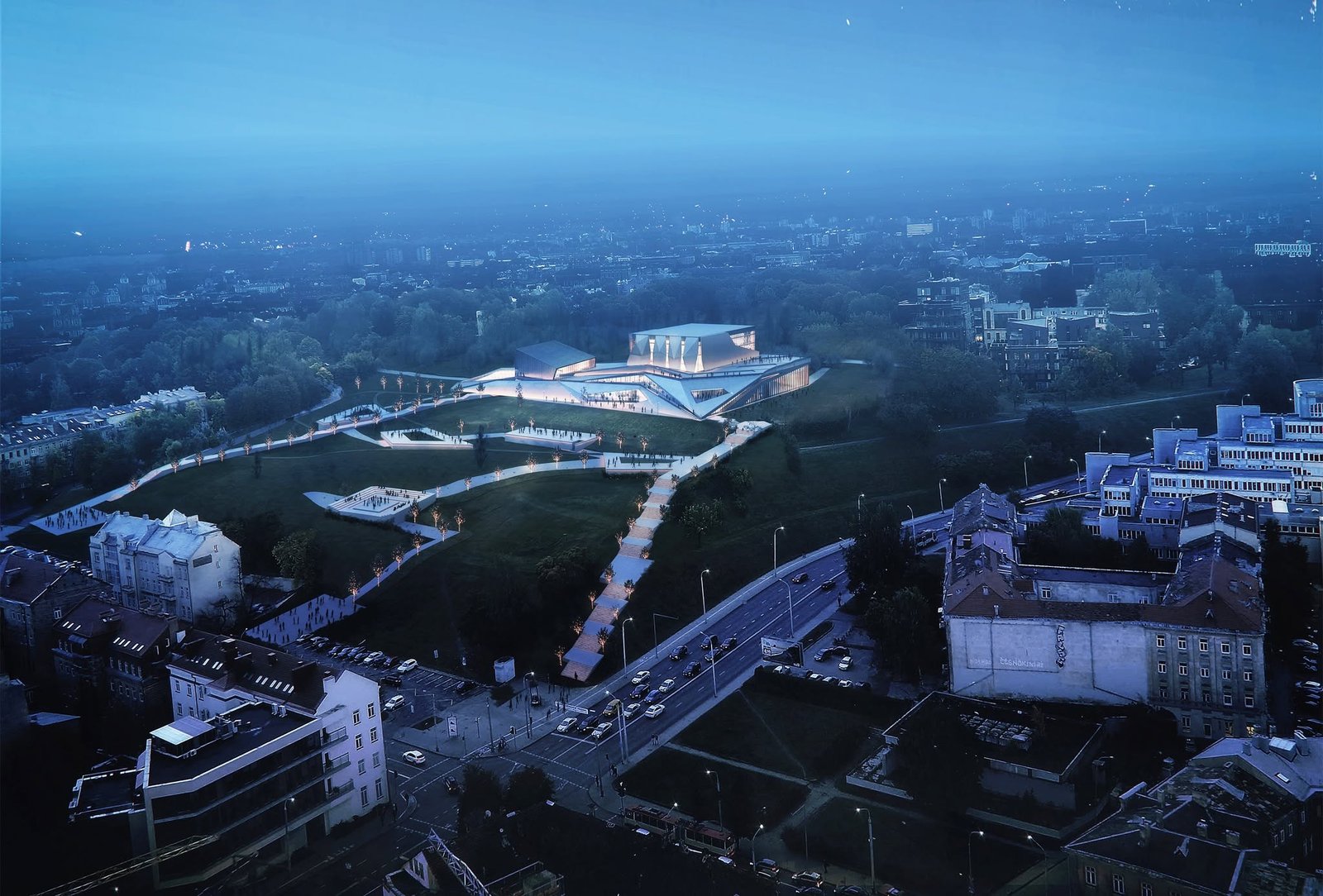 Aerial evening visualization of the Vilnius Concert Hall proposal within the surrounding city.