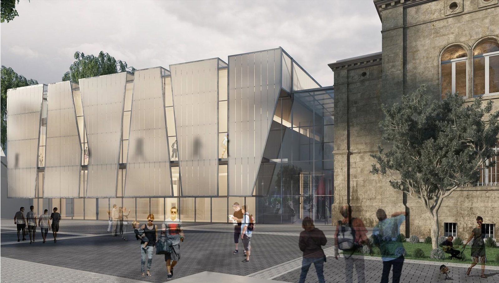 Street-level Naumburg Theater visualization with translucent facade panels beside historic masonry.