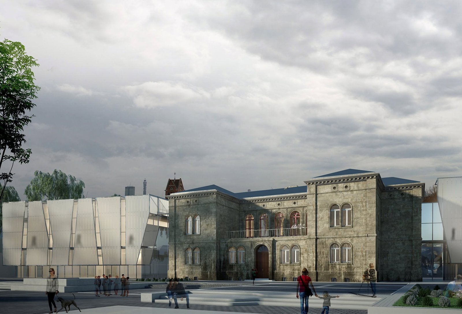 Naumburg Theater visualization combining a translucent contemporary volume and a historic stone building.