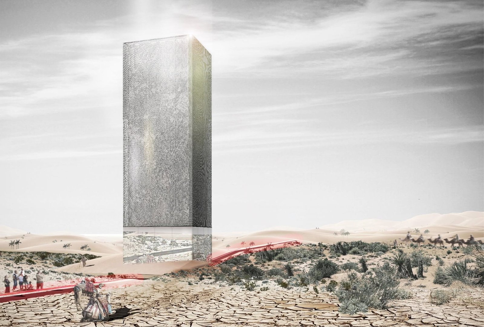 Black Box architectural visualization showing a tall rectangular tower in a dry landscape.