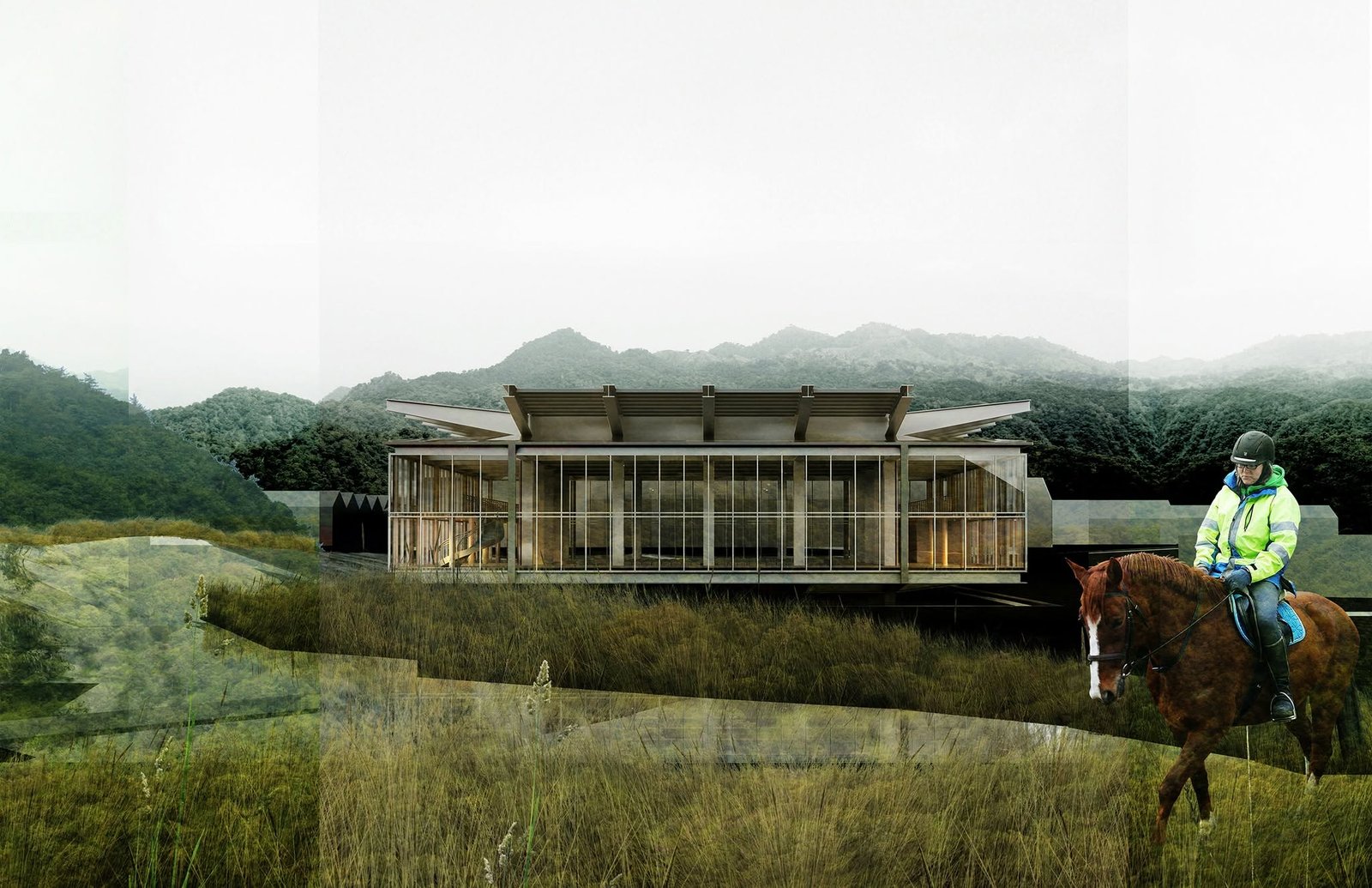 Olona River Theater visualization in a grassy landscape with a rider on horseback and hills in the background.