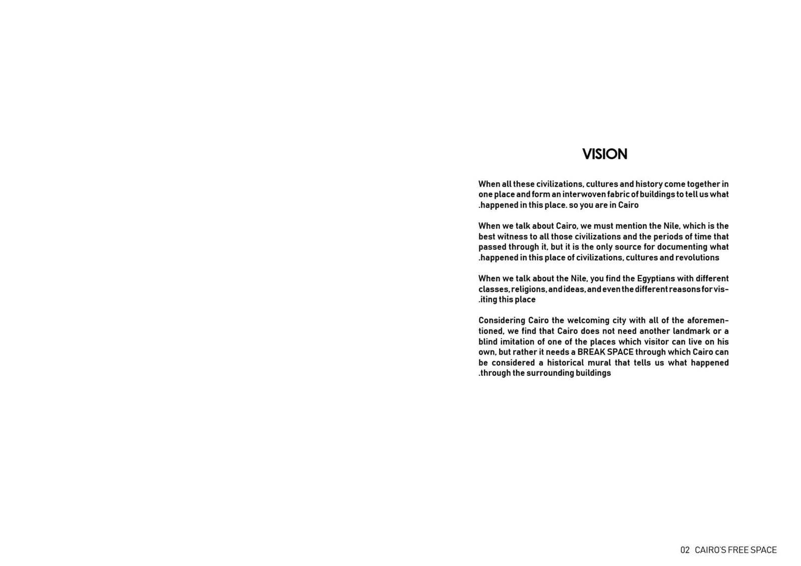 Vision statement slide for Cairo's Free Space, describing a break within the dense city.