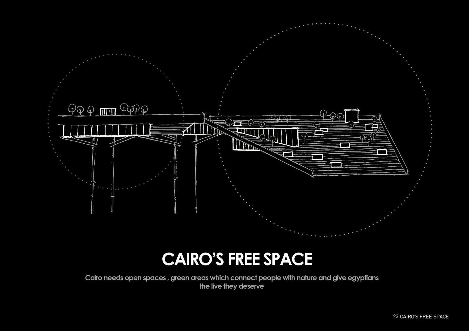 White-line section sketch showing the relationship between the platform, river and city.