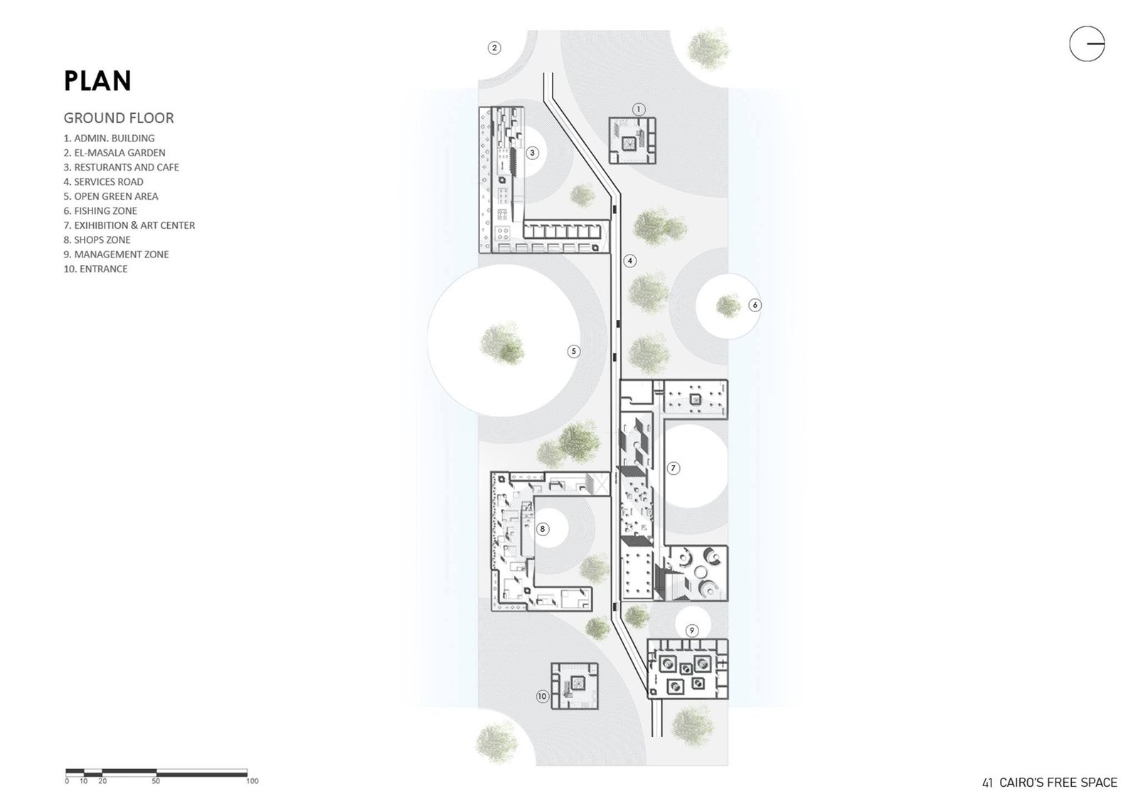 Ground-floor plan drawing showing rooms, circulation and circular landscape openings.