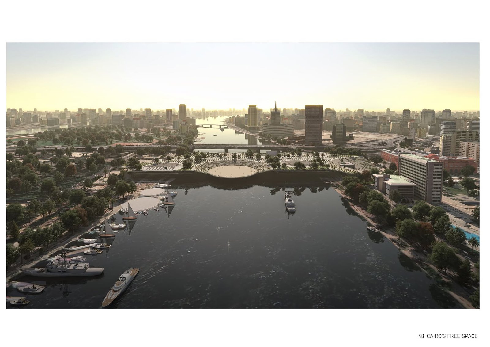 Sunset river rendering showing the public-space platform between the two Cairo riverbanks.