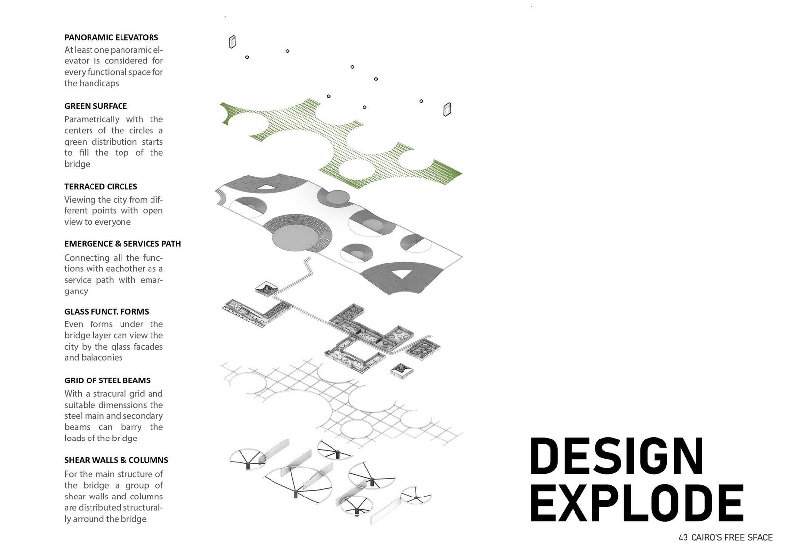 Exploded design diagram separating green areas, rooms, walls and structural grids.