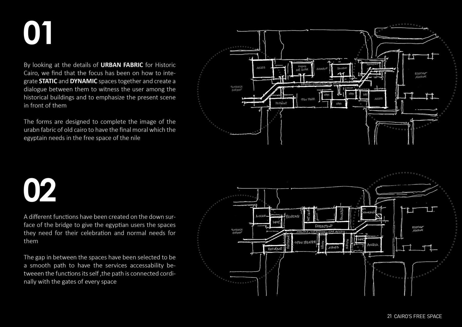 Paired white-line sketches illustrating the first two steps of the public-space concept.