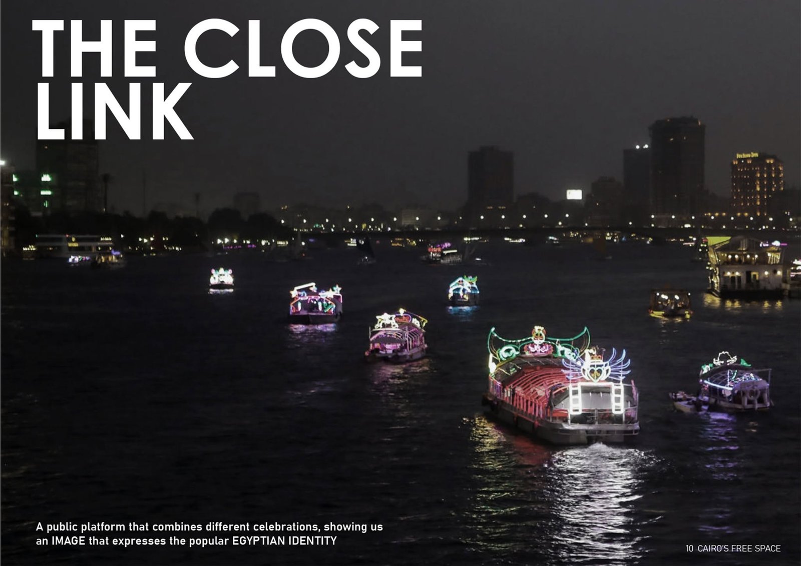 Night photograph of illuminated boats on the Nile in the public-space presentation.