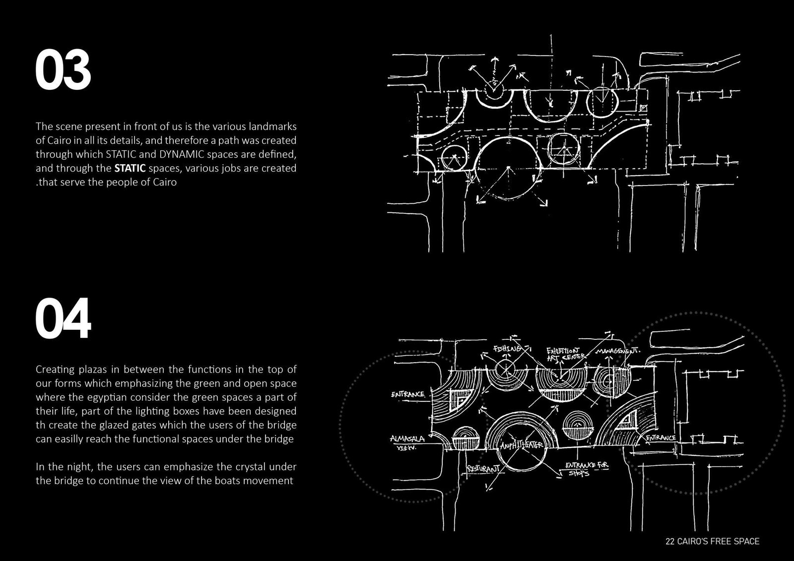 Paired concept sketches showing circular openings and gaps between platform functions.