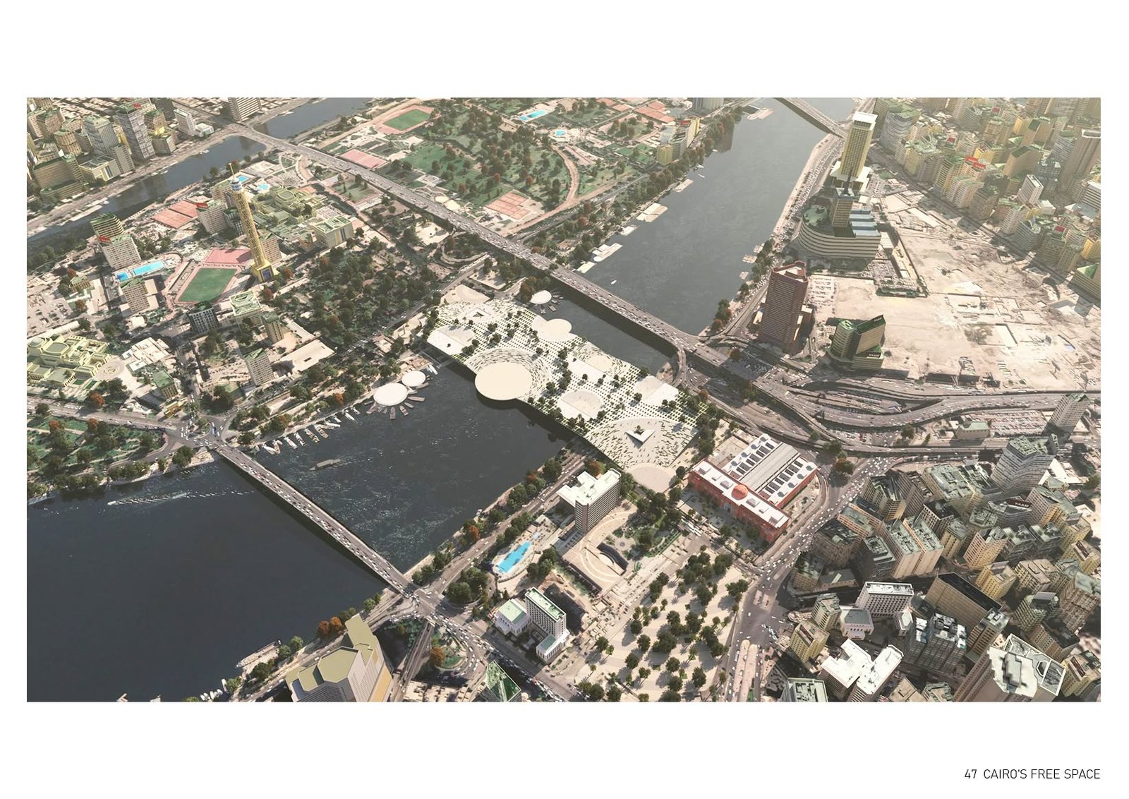 High aerial rendering showing the project across the Nile within the surrounding city.