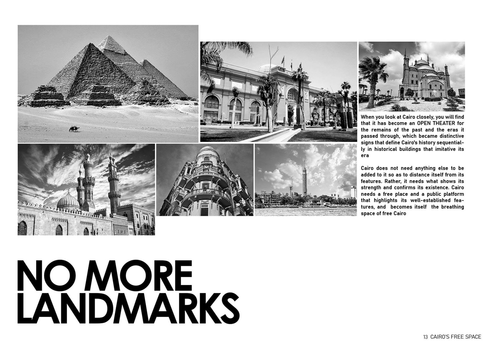 Collage of Egyptian landmarks on a slide proposing a different kind of city space.