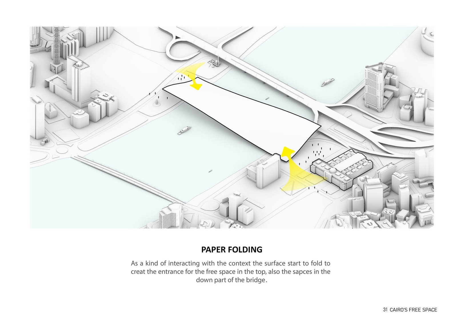 Paper-folding concept diagram showing connections between the platform and riverbanks.