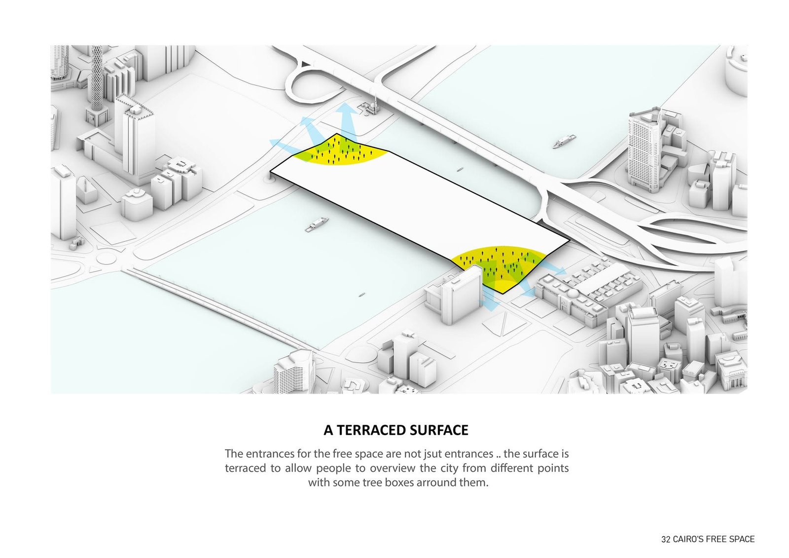 Terraced-surface diagram shaping entrances at the edges of the public platform.