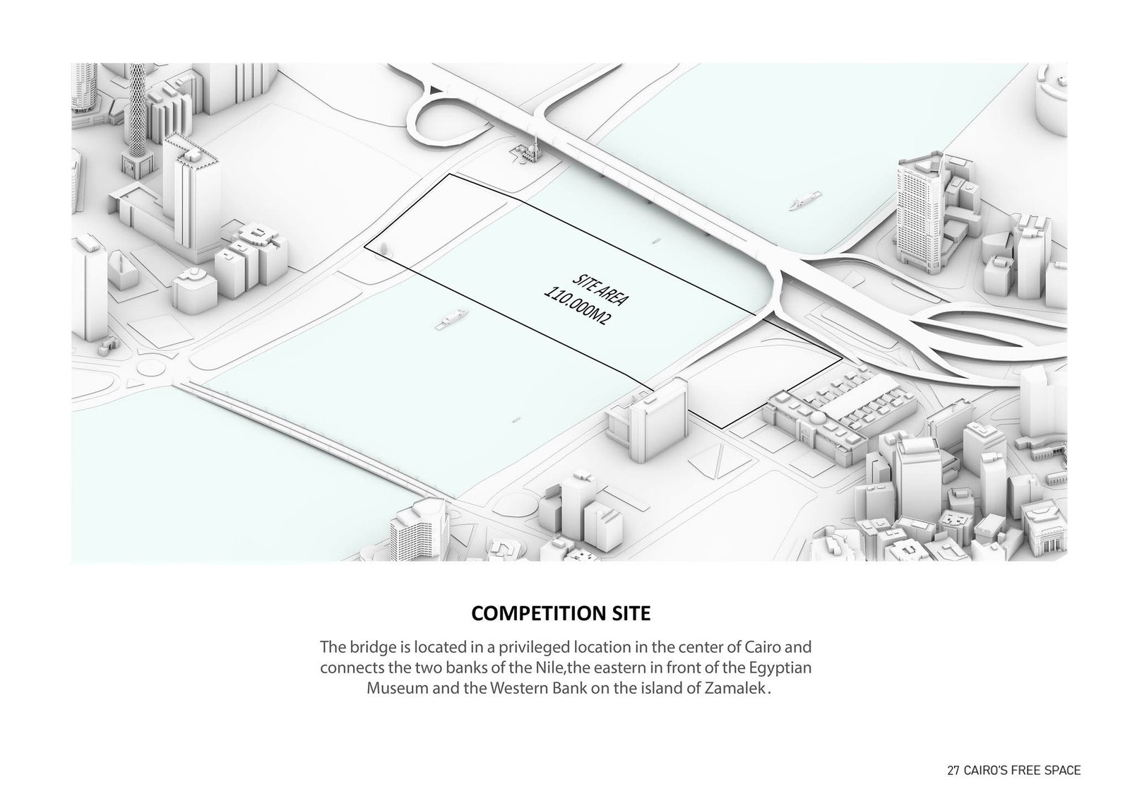 Axonometric city model identifying the competition site across the Nile.