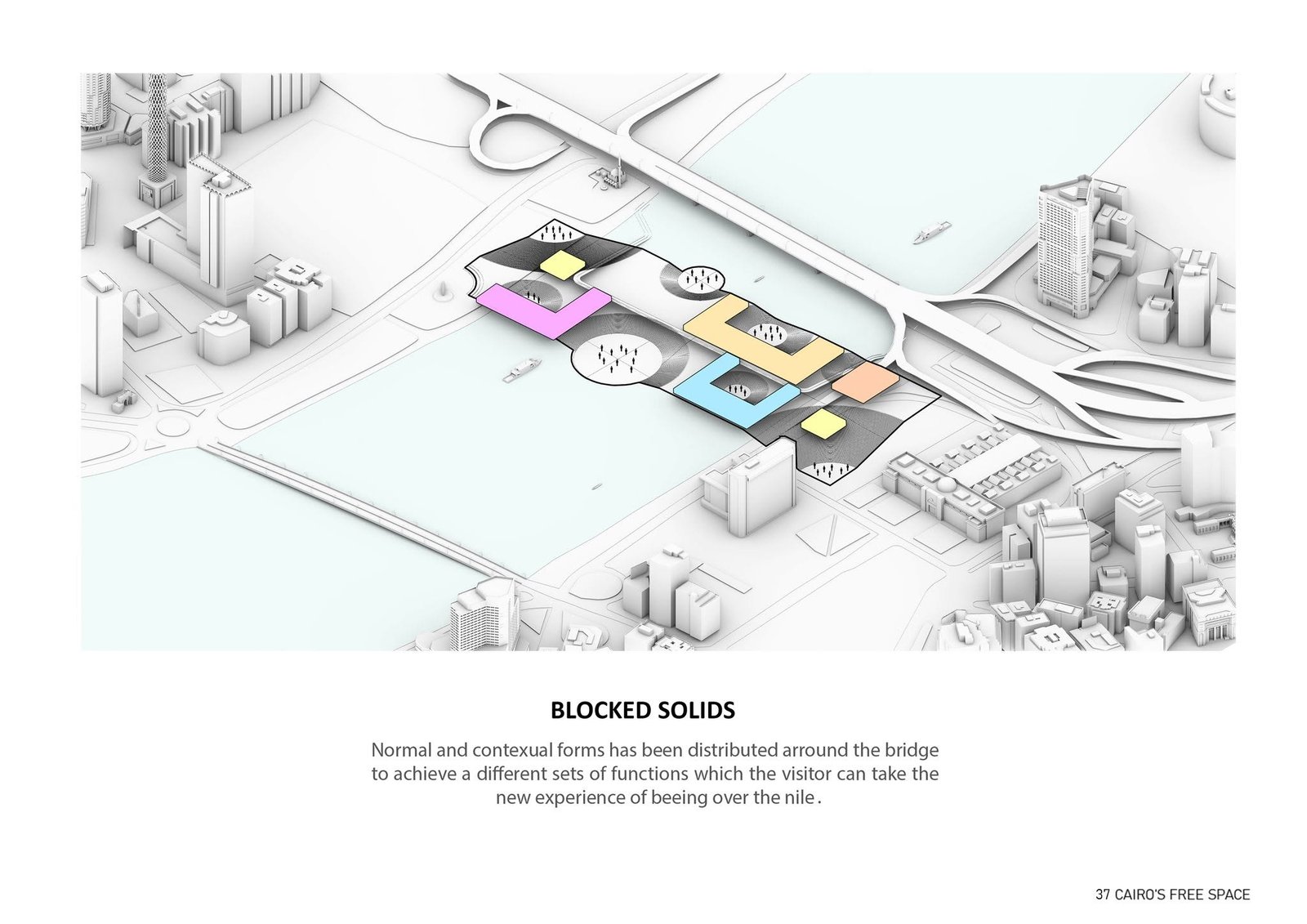 Massing diagram placing coloured solid volumes around the public platform openings.