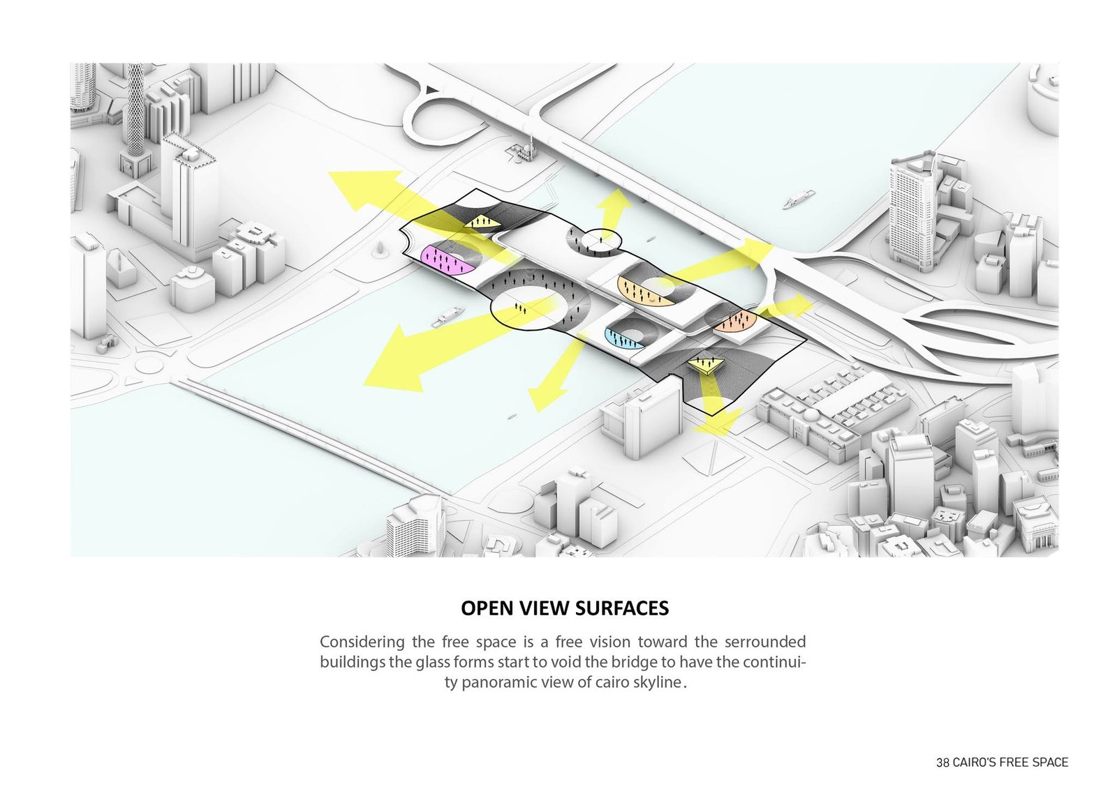 View diagram showing openings, built volumes and arrows toward the surrounding city.