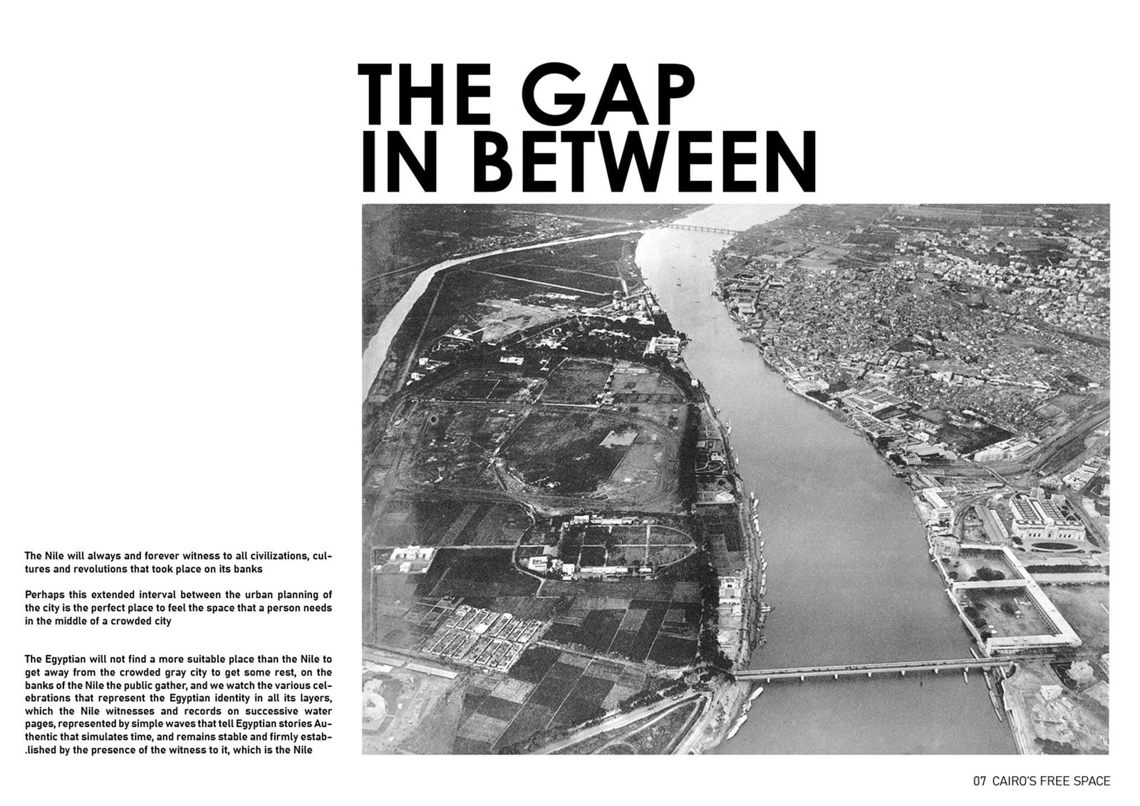Black-and-white aerial river photograph on a slide about the gap between city edges.