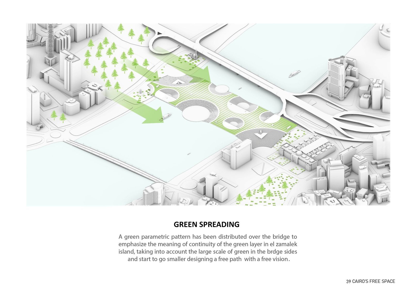 Landscape diagram spreading trees and green areas across the public platform.
