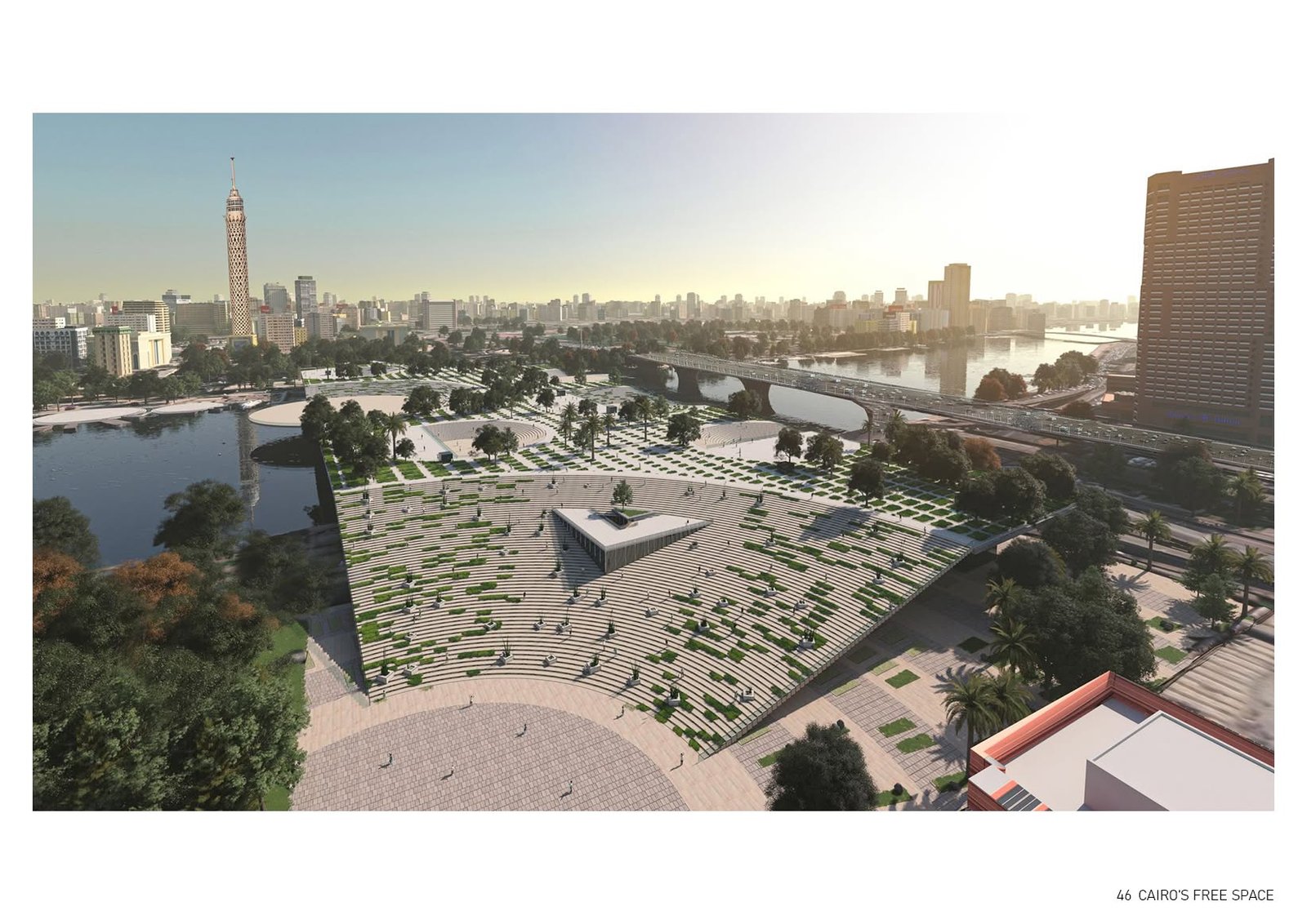 Aerial rendering of the planted public platform with the Nile and Cairo skyline beyond.