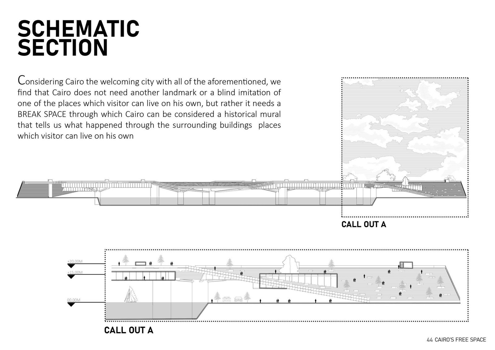 Schematic section drawings showing the platform, lower spaces and river level.