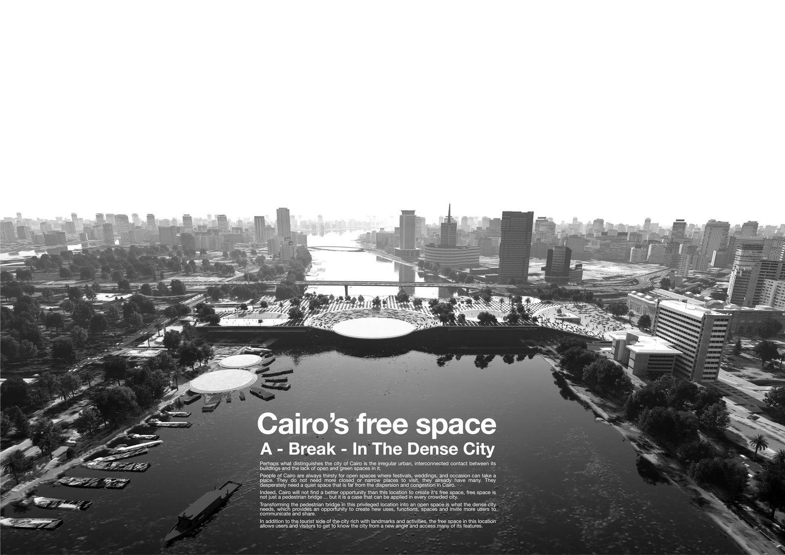 Black-and-white closing presentation image of Cairo's Free Space across the Nile.