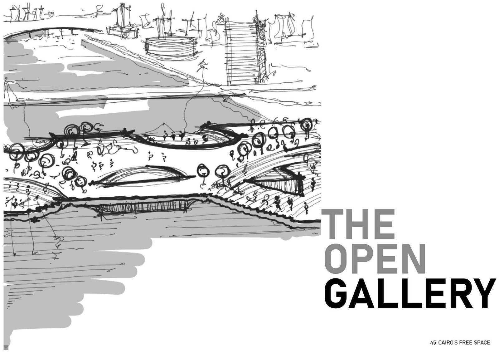 Hand-drawn perspective sketch showing an open gallery along the public platform.