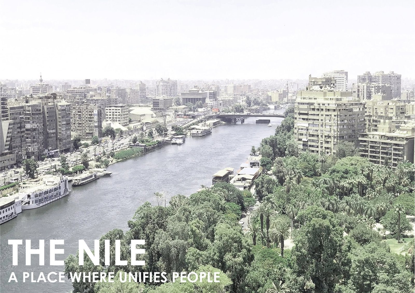 Photograph of the Nile, riverbank greenery and central Cairo buildings.
