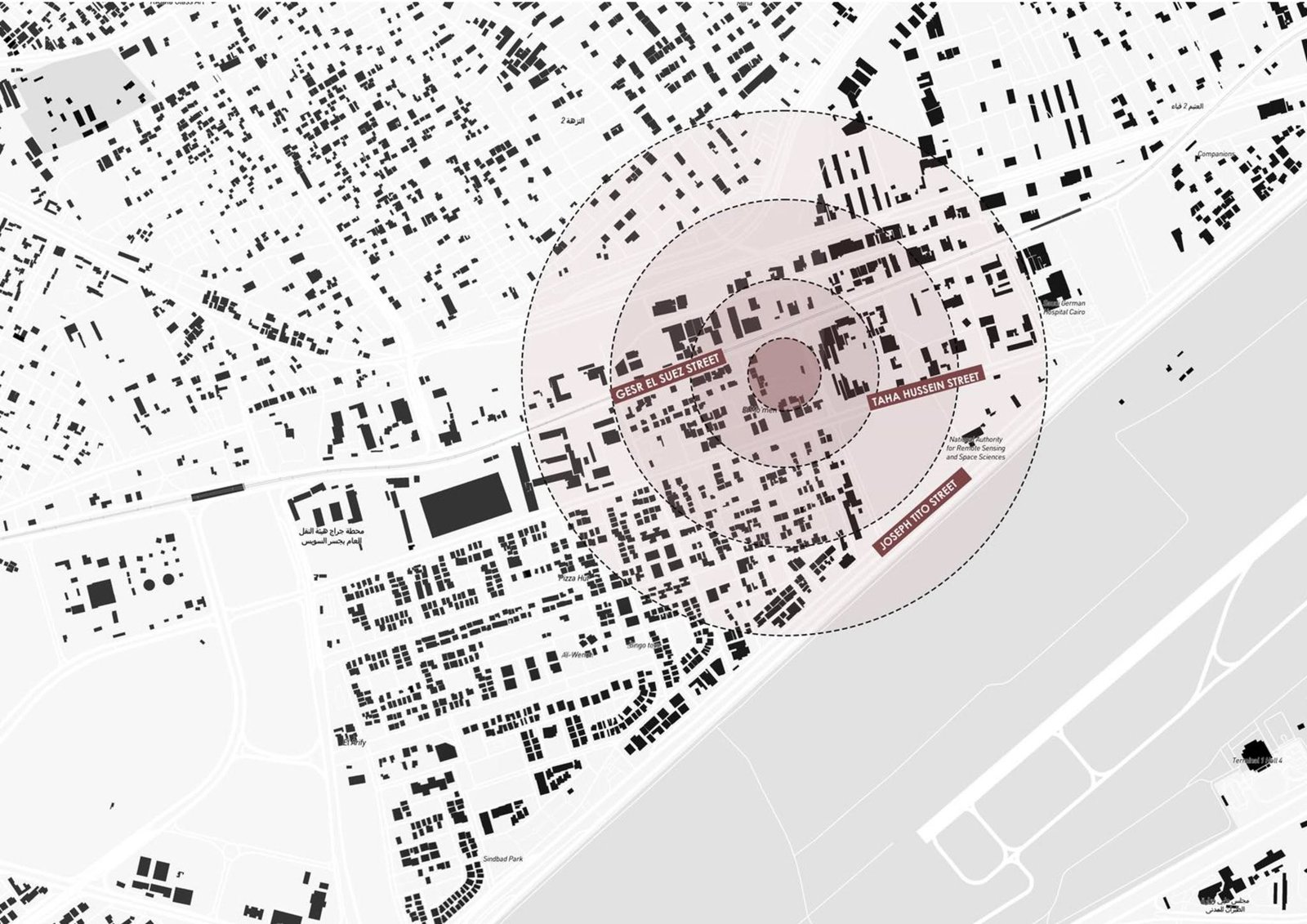 Urban figure-ground study marking the GRAFFETI Business District site within surrounding buildings.