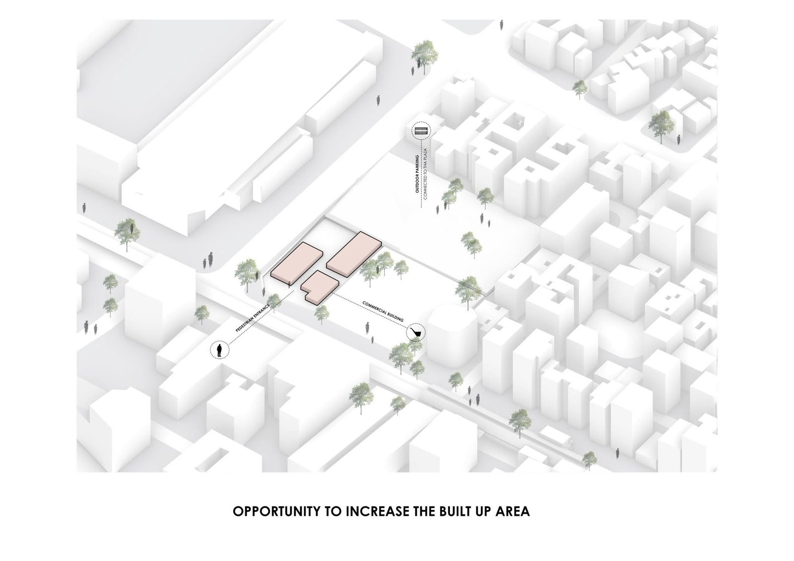 Concept diagram dividing the proposed building footprint into smaller blocks and open areas.