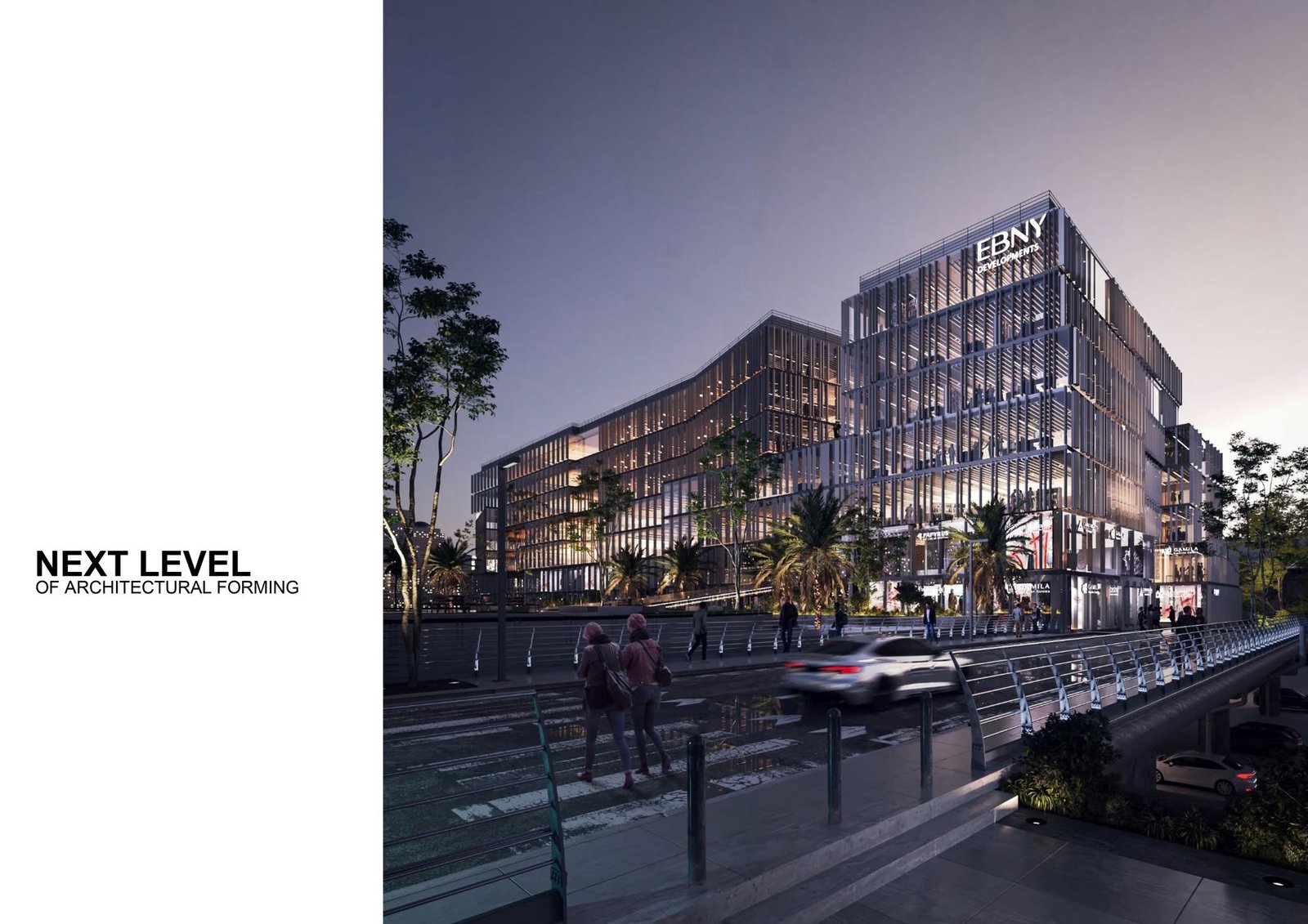Evening street-corner visualization of glazed office buildings with vertical facade screens.