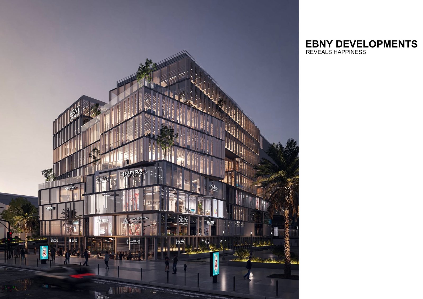Nighttime street-corner visualization of a glazed commercial and administrative building.