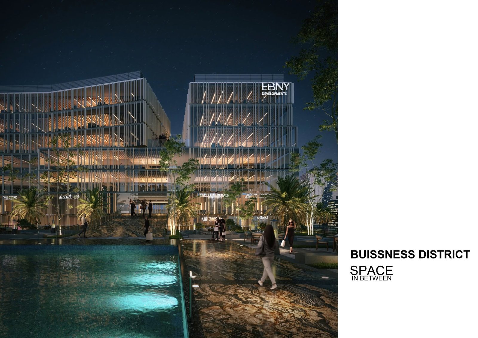 Nighttime visualization of a landscaped space between glazed office buildings.