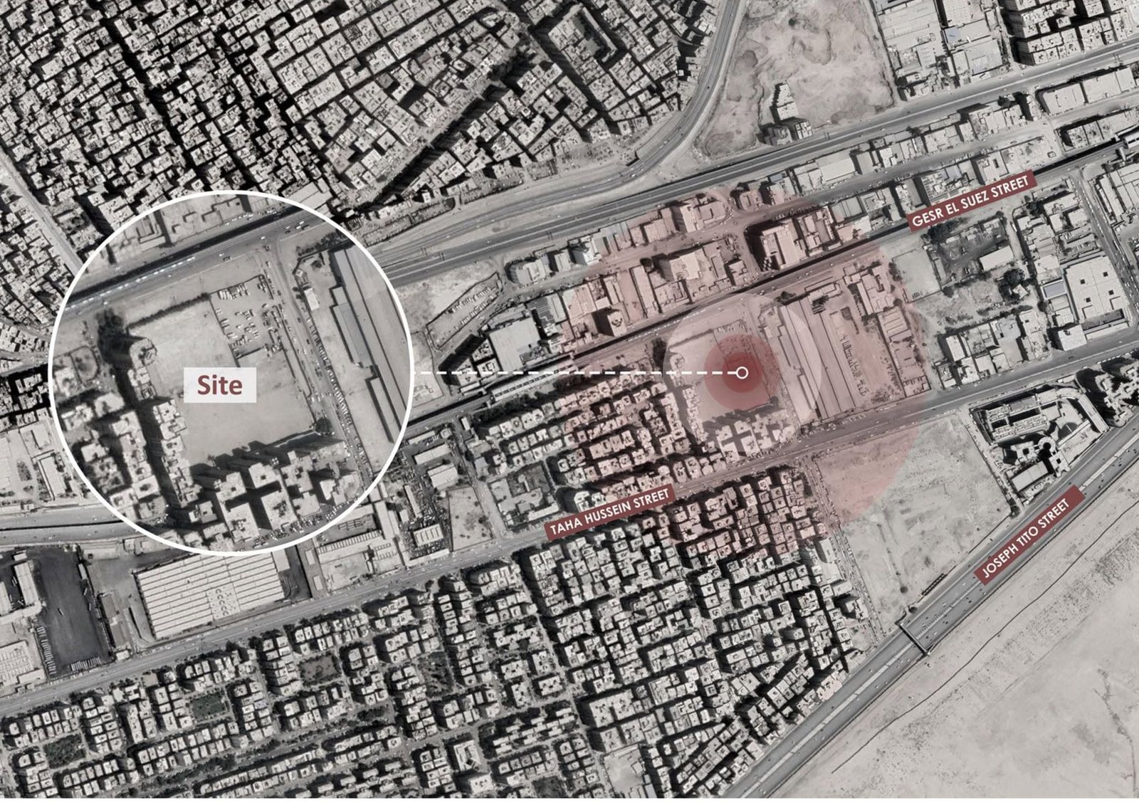 Satellite context map highlighting the business-district site and surrounding road network.