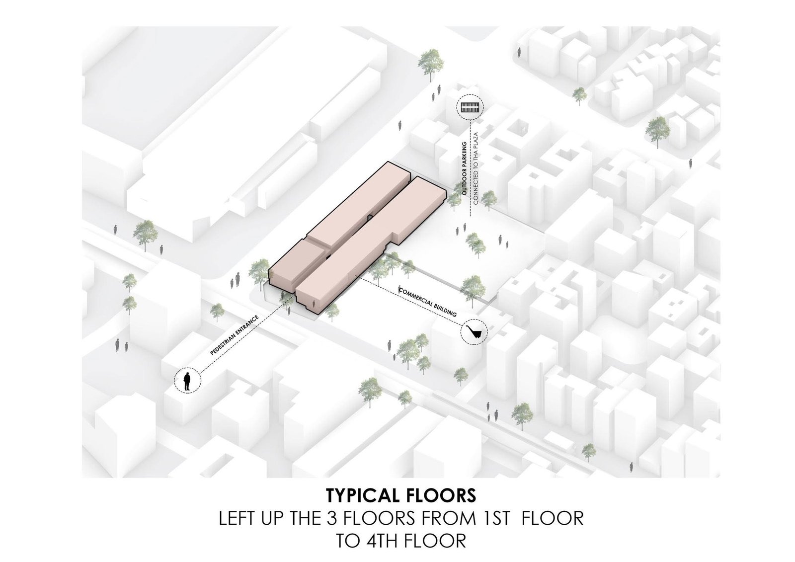 Massing diagram extruding repeated floors from the proposed business-district footprints.
