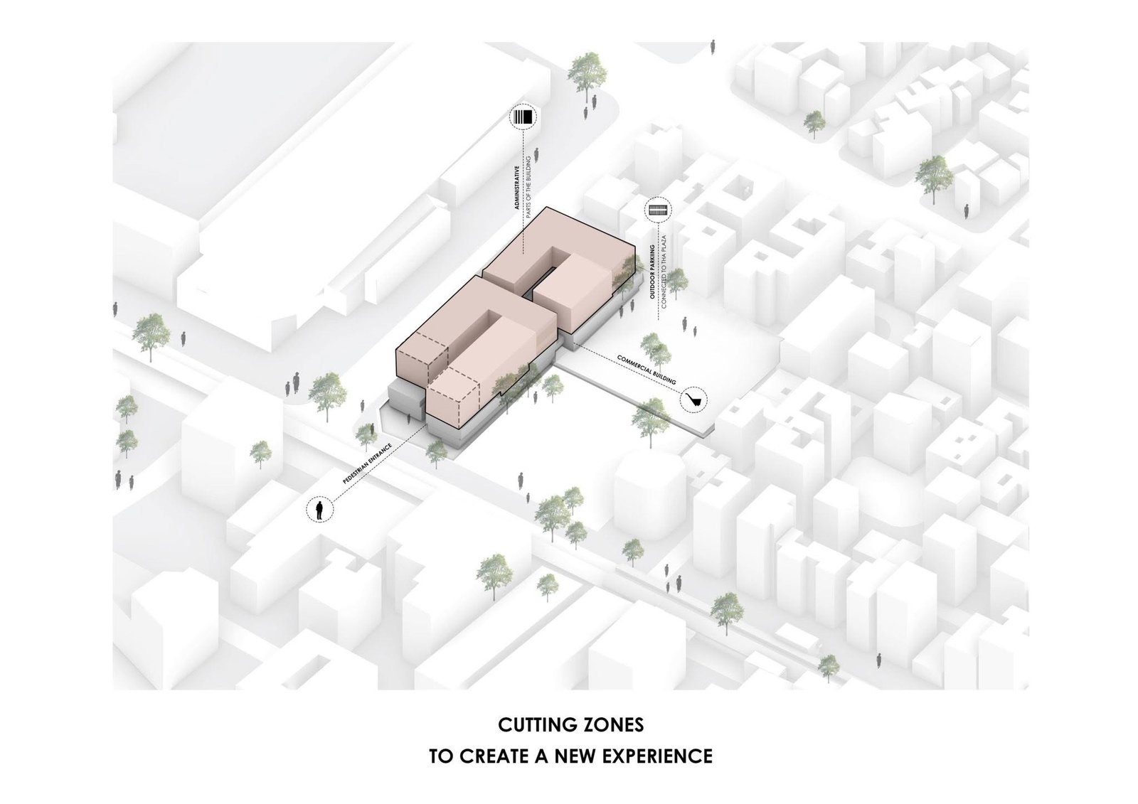 Form-development diagram showing cuts and setbacks within the building volumes.