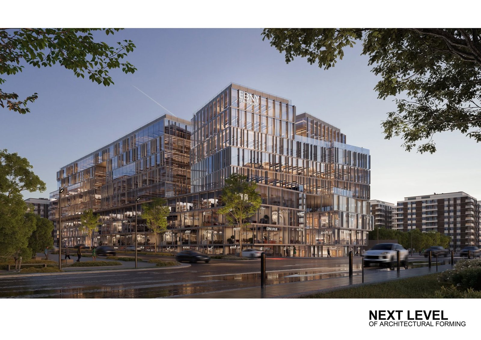 Daytime GRAFFETI Business District visualization with glazed office blocks, street trees and traffic.
