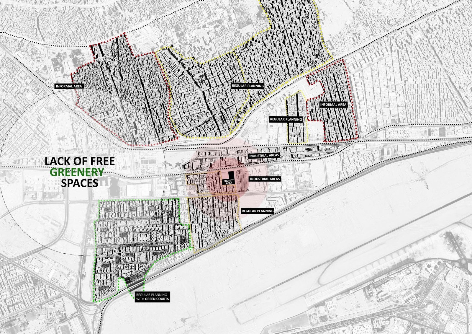 Site-analysis map identifying green-space gaps and nearby urban areas.