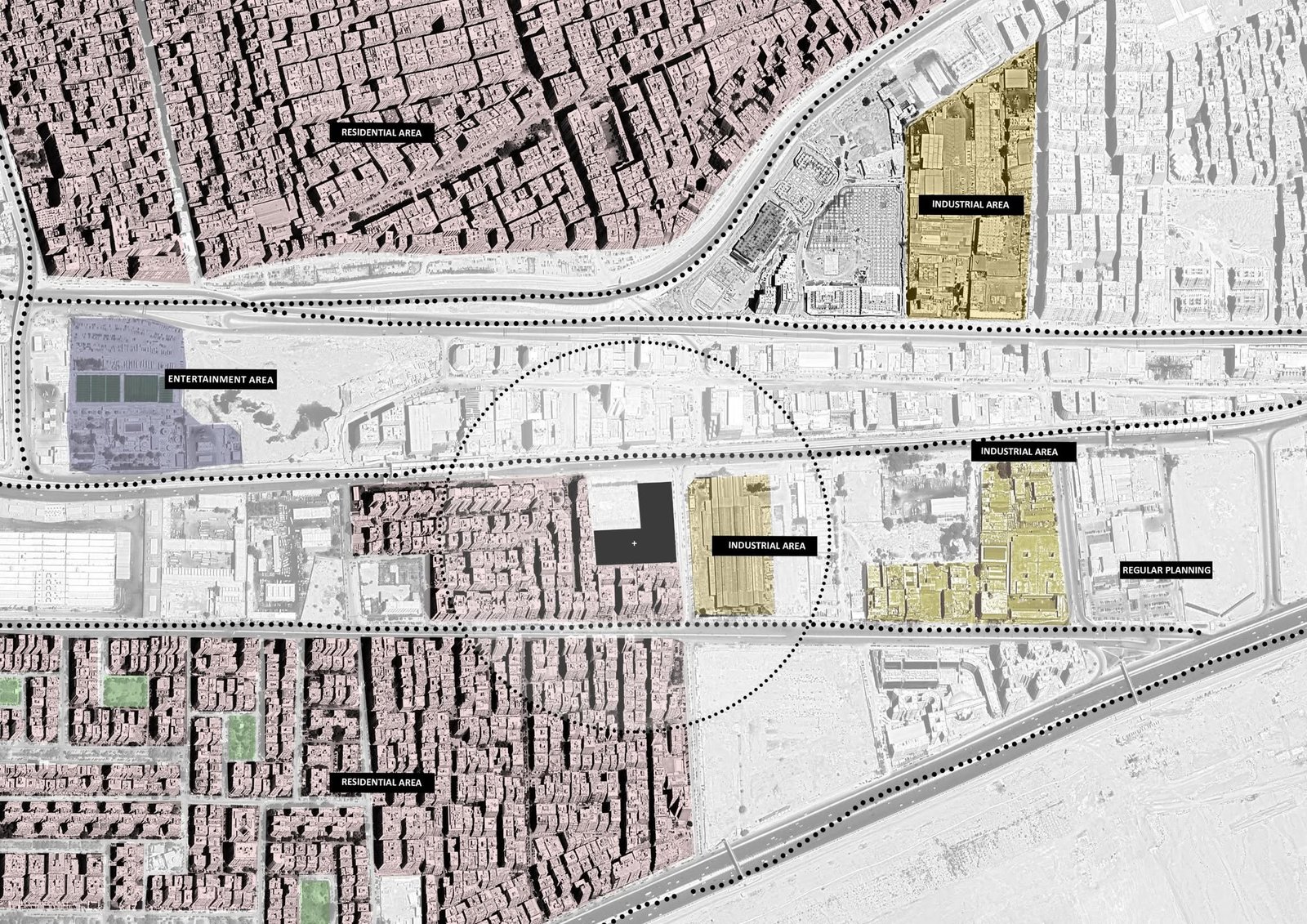 Context map distinguishing land-use areas around the proposed business district.