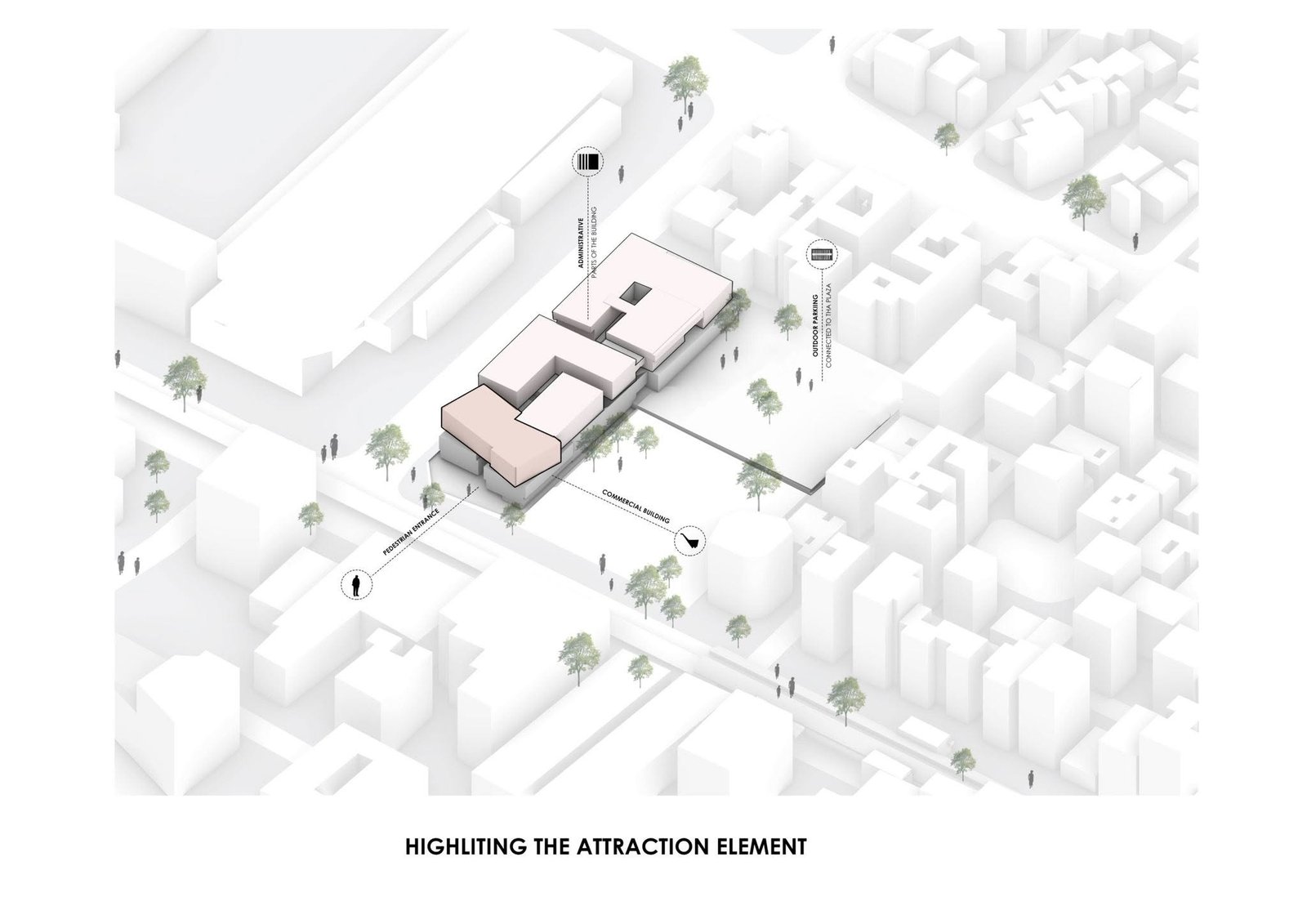 Form study emphasizing stepped volumes and a highlighted architectural element.