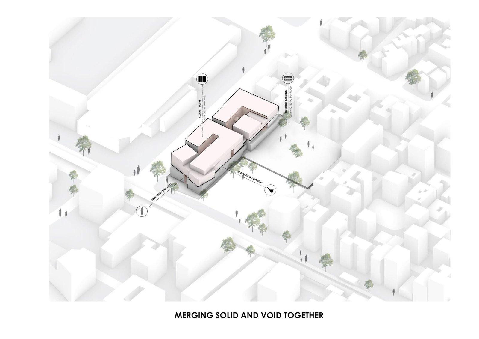 Massing diagram combining solid blocks and open voids within the proposed site.