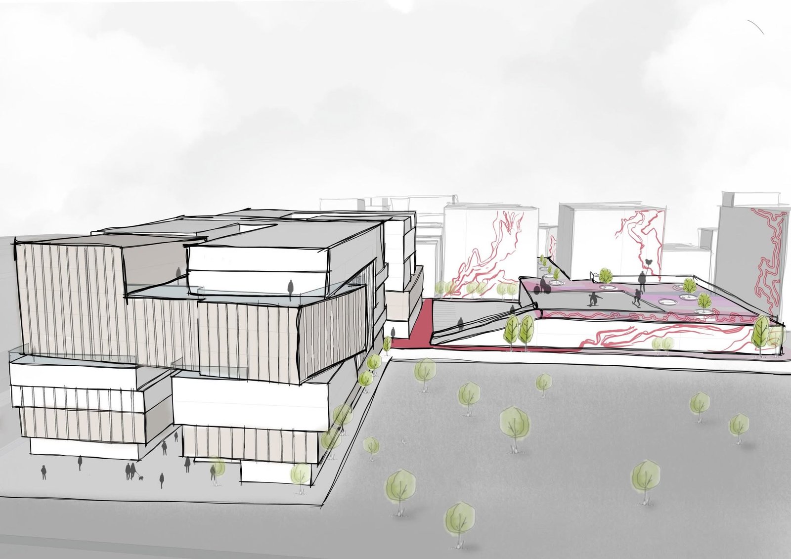 Perspective sketch of business-district blocks facing a courtyard and patterned surrounding facades.