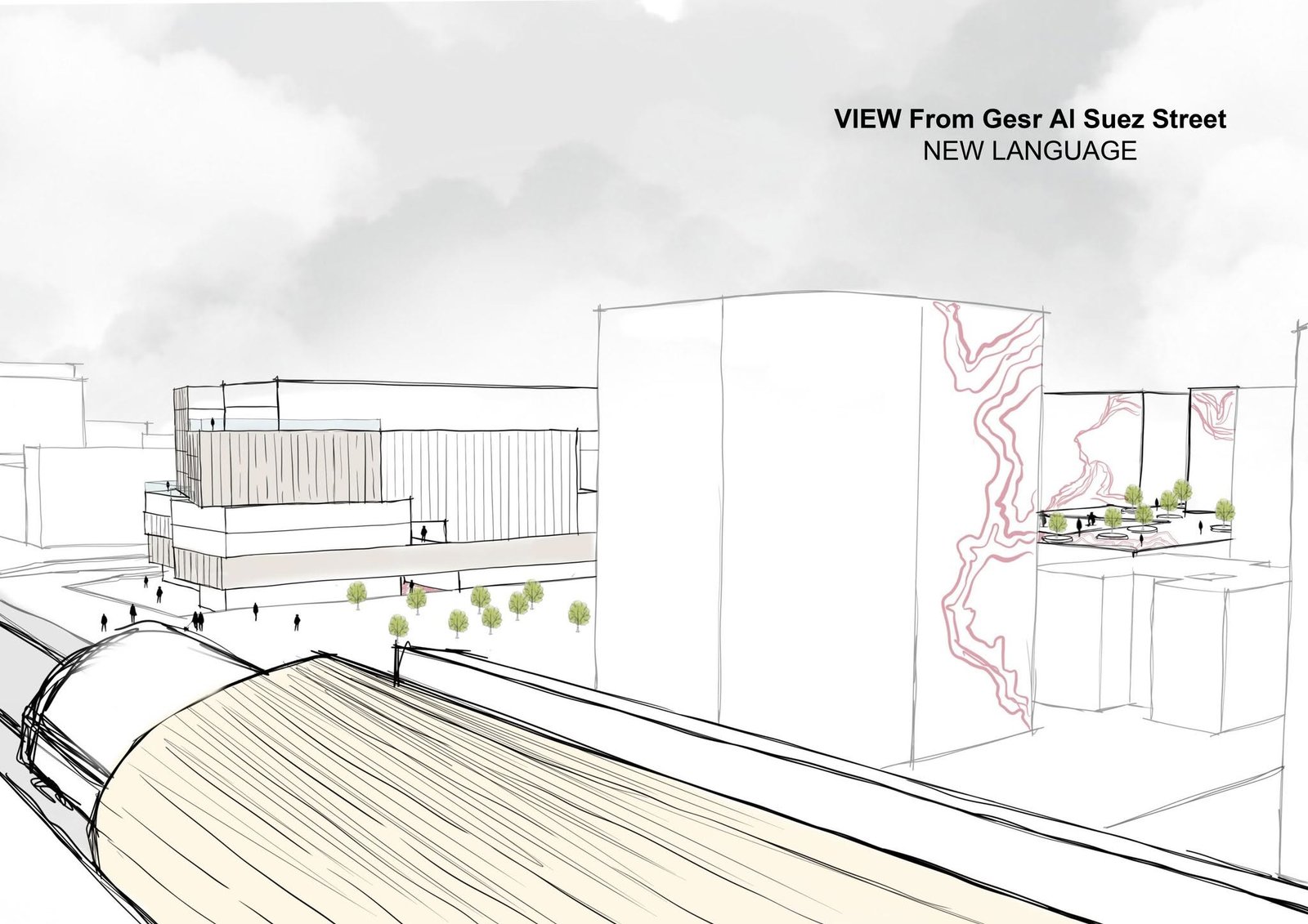 Street-view sketch showing proposed blocks and patterned facing facades.