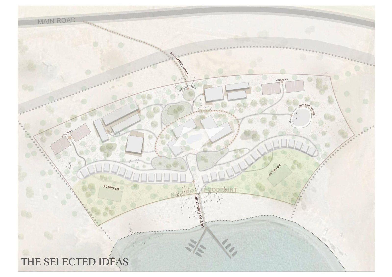 Asalay Beach masterplan with walking paths, planting and low-rise building footprints.