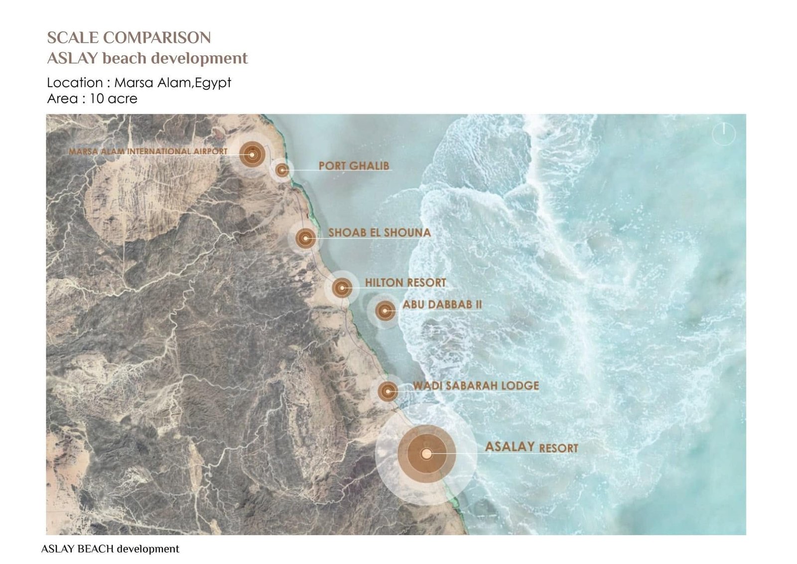 Regional context map marking resort destinations along the coast around the proposed beach site.