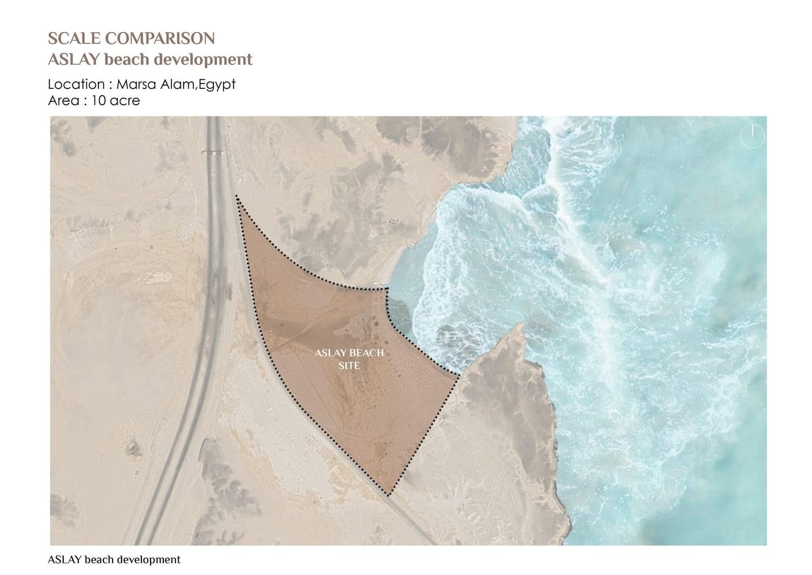 Coastal site diagram showing a triangular beach-development plot beside the water.