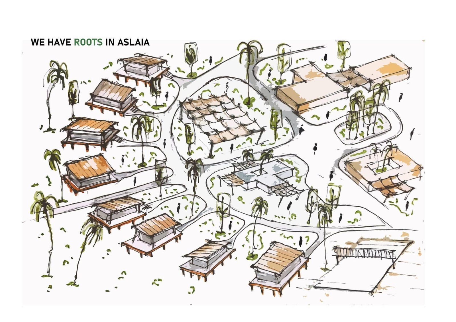Hand-drawn studies of shaded pavilions and bungalow forms among palm trees.