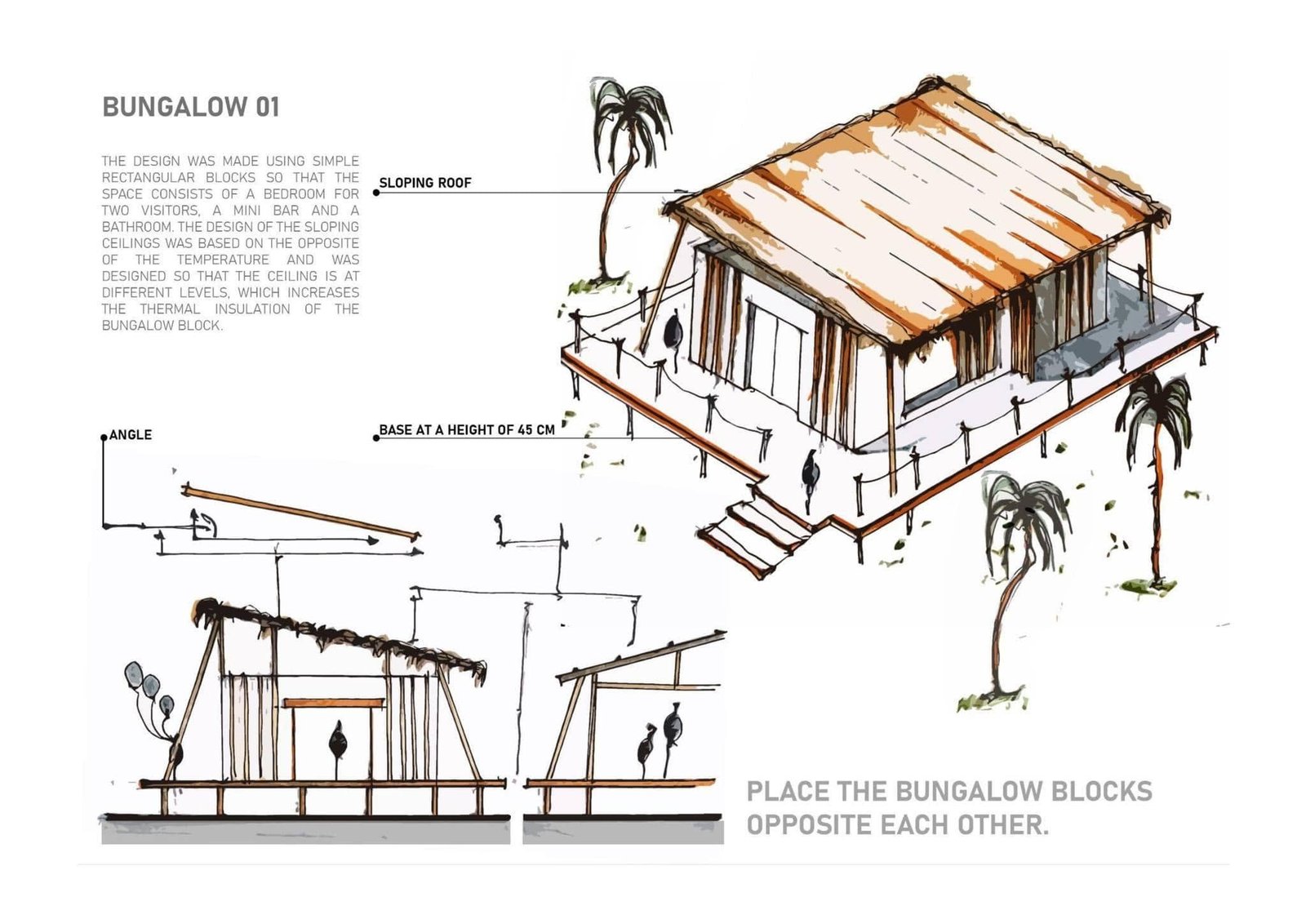 Bungalow 01 design sketch showing a sloping roof, raised floor and section details.