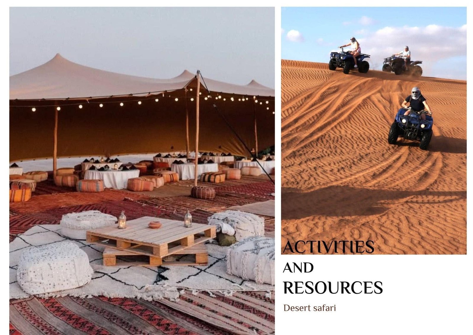Desert activity reference board with a tented camp and quad bikes on sand dunes.
